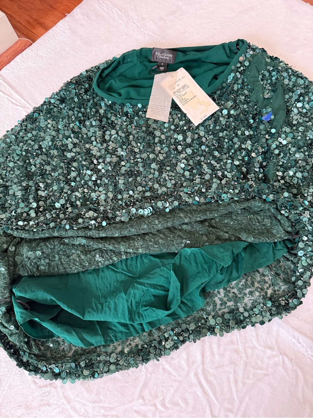 READ- Damaged St John Couture Heavy Dark Green Sequin Top Women's Material - Picture 6 of 9